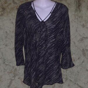 String Neckline See-Through Blouse Size Large Blizzard Swirl Print